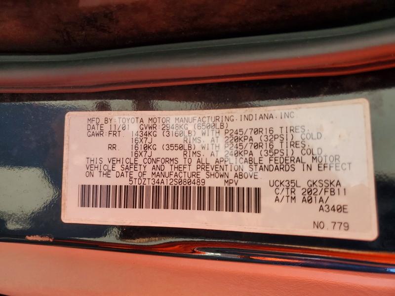 2002 Toyota Sequoia მანქანა იყიდება აუქციონზე, vin: 5TDZT34A12S080489, აუქციონის ნომერი: 49344856