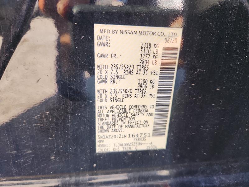 2020 Nissan Murano მანქანა იყიდება აუქციონზე, vin: 5N1AZ2DJ2LN164751, აუქციონის ნომერი: 50754016