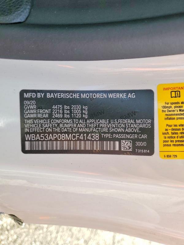 50500286 :رقم المزاد ، WBA53AP08MCF41438 vin ، 2021 Bmw 430i مزاد بيع