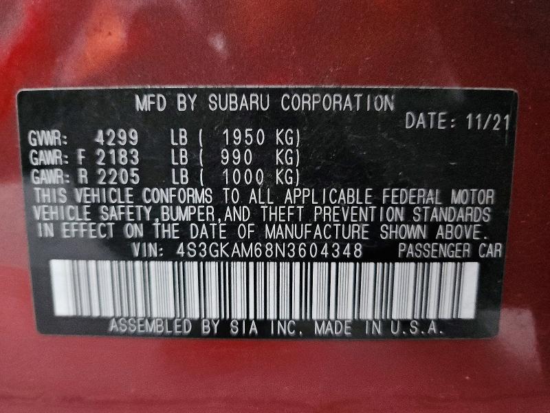 Aukcja sprzedaży 2022 Subaru Impreza, vin: 4S3GKAM68N3604348, numer aukcji: 49120556