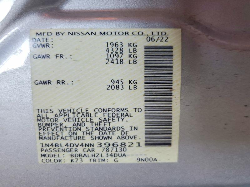Aukcja sprzedaży 2022 Nissan Altima, vin: 1N4BL4DV4NN396821, numer aukcji: 48714596