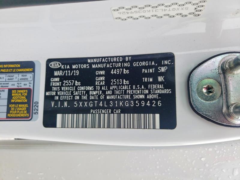 2019 Kia Optima მანქანა იყიდება აუქციონზე, vin: 5XXGT4L31KG359426, აუქციონის ნომერი: 50549326