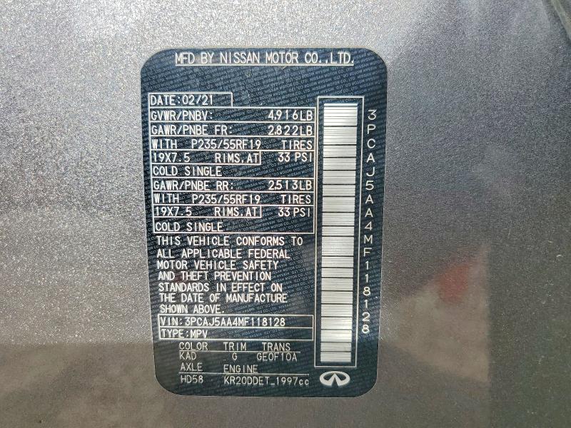 Aukcja sprzedaży 2021 Infiniti Qx50, vin: 3PCAJ5AA4MF118128, numer aukcji: 48162416