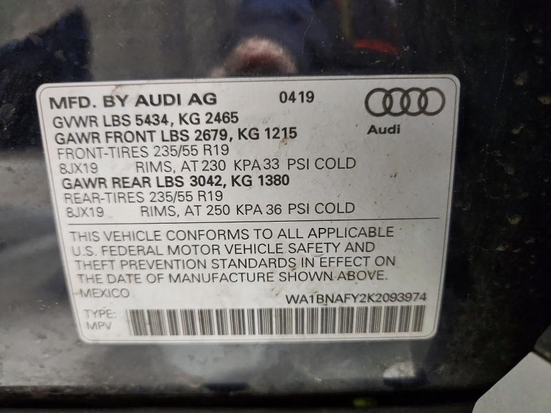2019 Audi Q5 მანქანა იყიდება აუქციონზე, vin: WA1BNAFY2K2093974, აუქციონის ნომერი: 51654876
