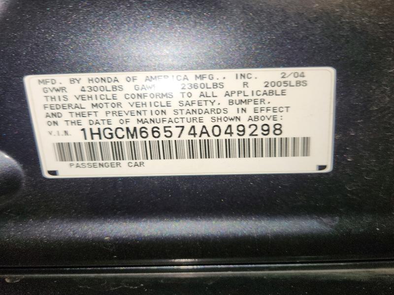 2004 Honda Accord მანქანა იყიდება აუქციონზე, vin: 1HGCM66574A049298, აუქციონის ნომერი: 50371386