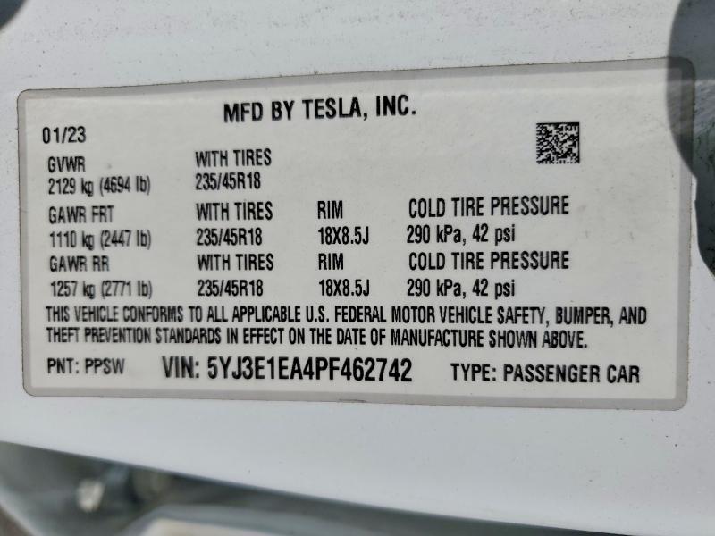 Aukcja sprzedaży 2023 Tesla Model 3, vin: 5YJ3E1EA4PF462742, numer aukcji: 50584726