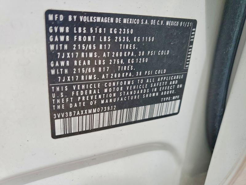 Aukcja sprzedaży 2021 Volkswagen Tiguan, vin: 3VV3B7AXXMM073912, numer aukcji: 47450076