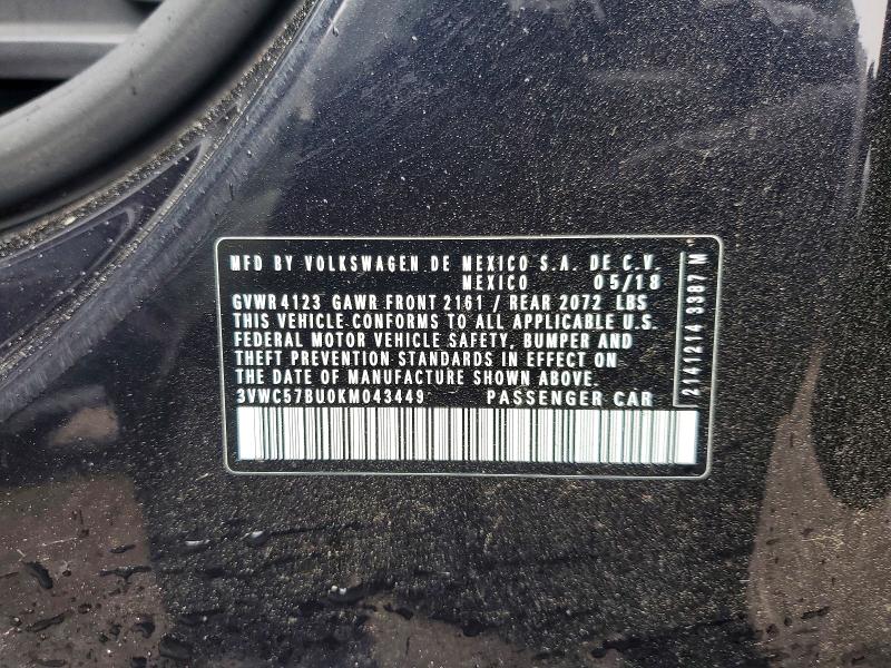 2019 Volkswagen Jetta მანქანა იყიდება აუქციონზე, vin: 3VWC57BU0KM043449, აუქციონის ნომერი: 51317226