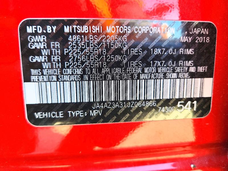 50848116 :رقم المزاد ، JA4AZ3A31JZ064866 vin ، 2018 Mitsubishi Outlander مزاد بيع