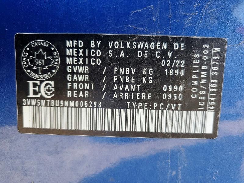50446756 :رقم المزاد ، 3VWSM7BU9NM005298 vin ، 2022 Volkswagen Jetta مزاد بيع