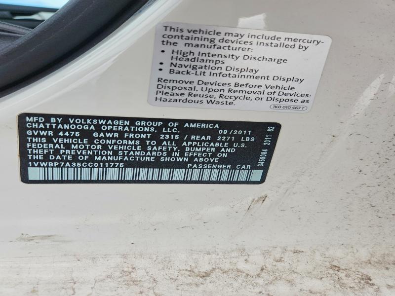 48401696 :رقم المزاد ، 1VWBP7A35CC011775 vin ، 2012 Volkswagen Passat مزاد بيع