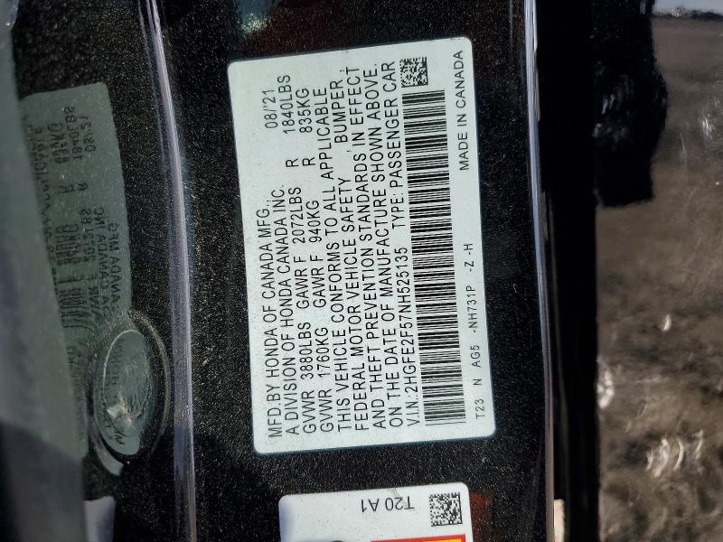Aukcja sprzedaży 2022 Honda Civic, vin: 2HGFE2F57NH525135, numer aukcji: 49055386