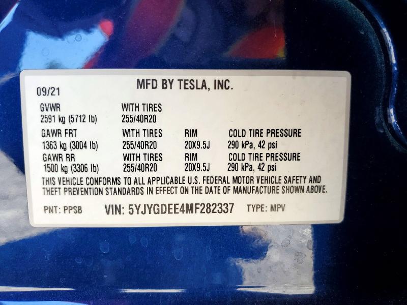 Продажа на аукционе авто 2021 Tesla Model Y, vin: 5YJYGDEE4MF282337, номер лота: 50510146