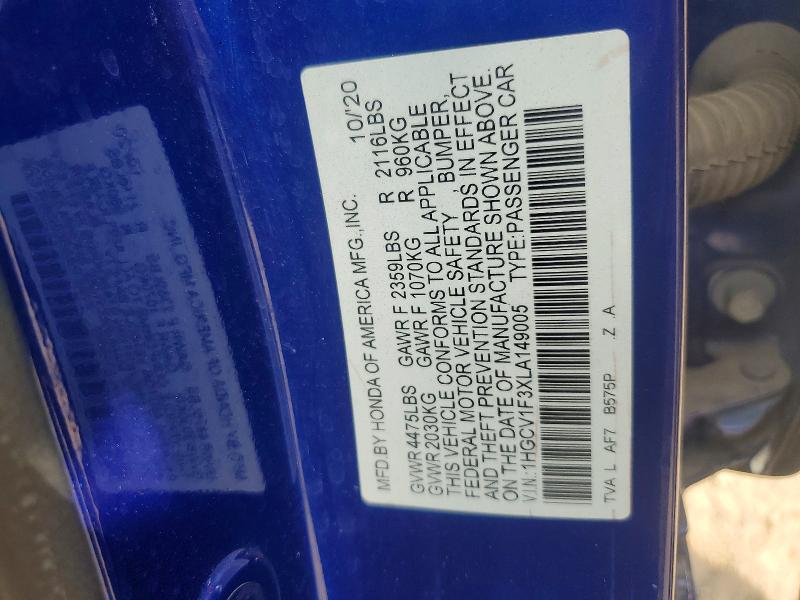 49642706 :رقم المزاد ، 1HGCV1F3XLA149005 vin ، 2020 Honda Accord مزاد بيع