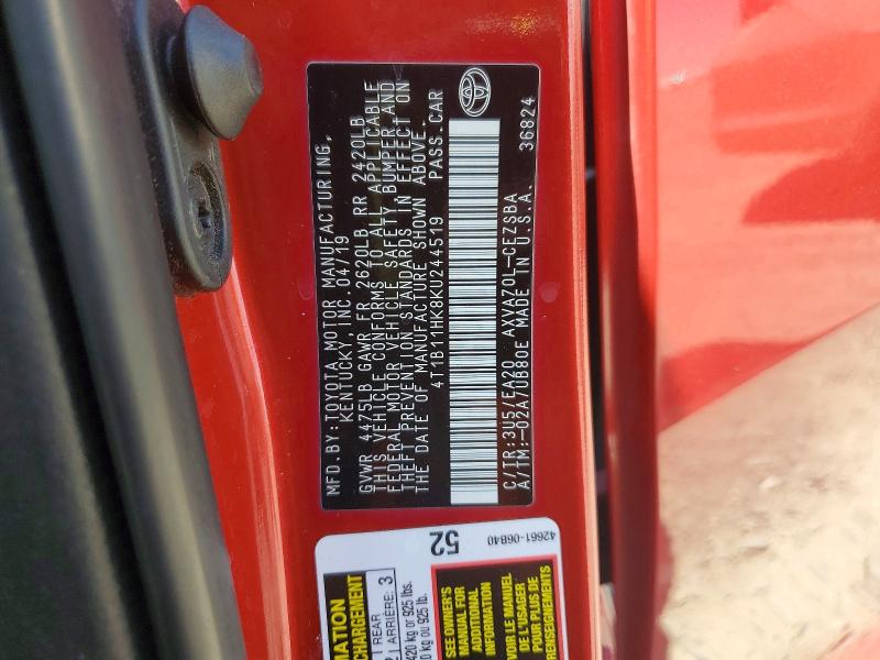 2019 Toyota Camry მანქანა იყიდება აუქციონზე, vin: 4T1B11HK8KU244519, აუქციონის ნომერი: 51724706