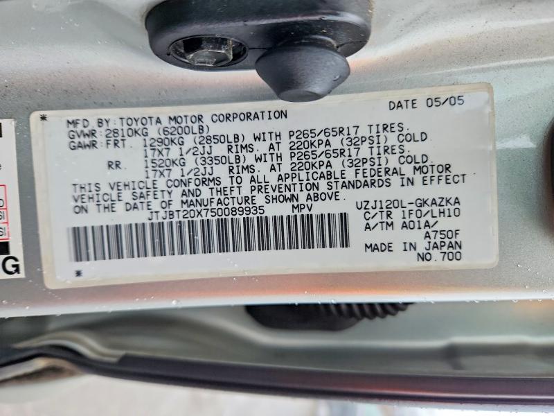 Продажа на аукционе авто 2005 Lexus Gx, vin: JTJBT20X750089935, номер лота: 50197086
