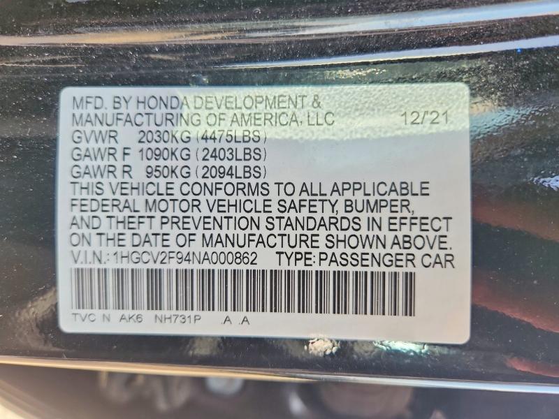 Aukcja sprzedaży 2022 Honda Accord, vin: 1HGCV2F94NA000862, numer aukcji: 49503076