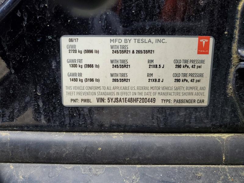 2017 Tesla Model S მანქანა იყიდება აუქციონზე, vin: 5YJSA1E48HF200449, აუქციონის ნომერი: 50257856