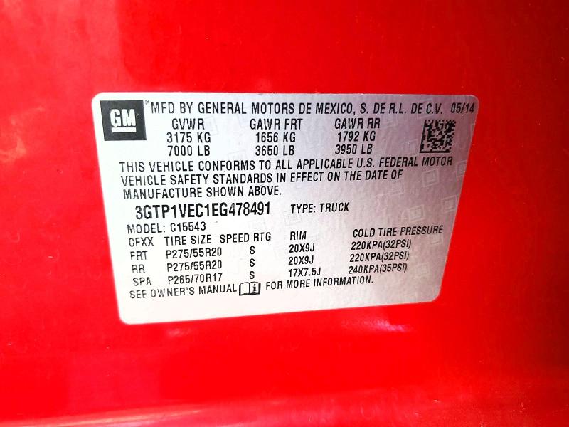 48579586 :رقم المزاد ، 3GTP1VEC1EG478491 vin ، 2014 Gmc Sierra مزاد بيع