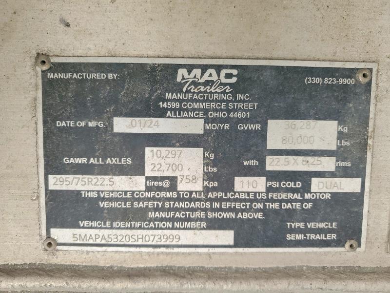 Продажа на аукционе авто 2025 Mac Trailer Unknown, vin: 5MAPA5320SH073999, номер лота: 48057996