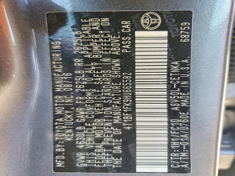 2017 Toyota Camry მანქანა იყიდება აუქციონზე, vin: 4T1BF1FK9HU665582, აუქციონის ნომერი: 49458356