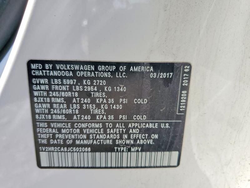 50419726 :رقم المزاد ، 1V2HR2CA8JC502066 vin ، 2018 Volkswagen Atlas مزاد بيع