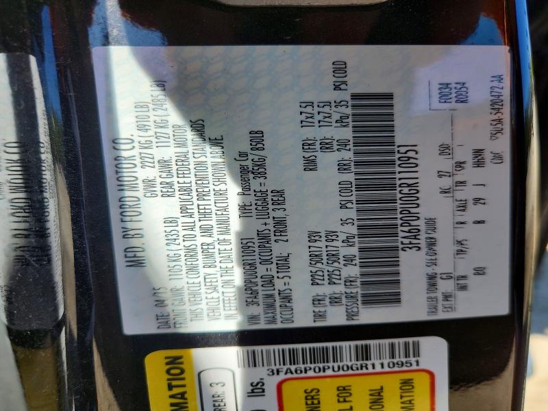 50479856 :رقم المزاد ، 3FA6P0PU0GR110951 vin ، 2016 Ford Fusion مزاد بيع