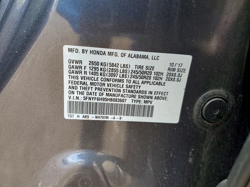 Aukcja sprzedaży 2017 Honda Pilot, vin: 5FNYF6H95HB083607, numer aukcji: 50244826