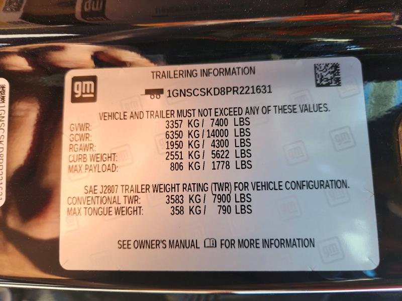 2023 Chevrolet Tahoe მანქანა იყიდება აუქციონზე, vin: 1GNSCSKD8PR221631, აუქციონის ნომერი: 49793586