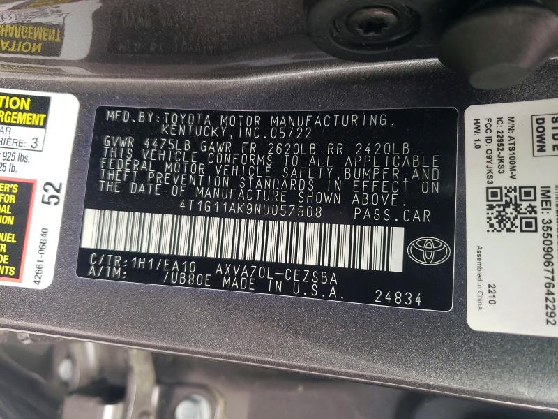 Продажа на аукционе авто 2022 Toyota Camry, vin: 4T1G11AK9NU057908, номер лота: 51338806