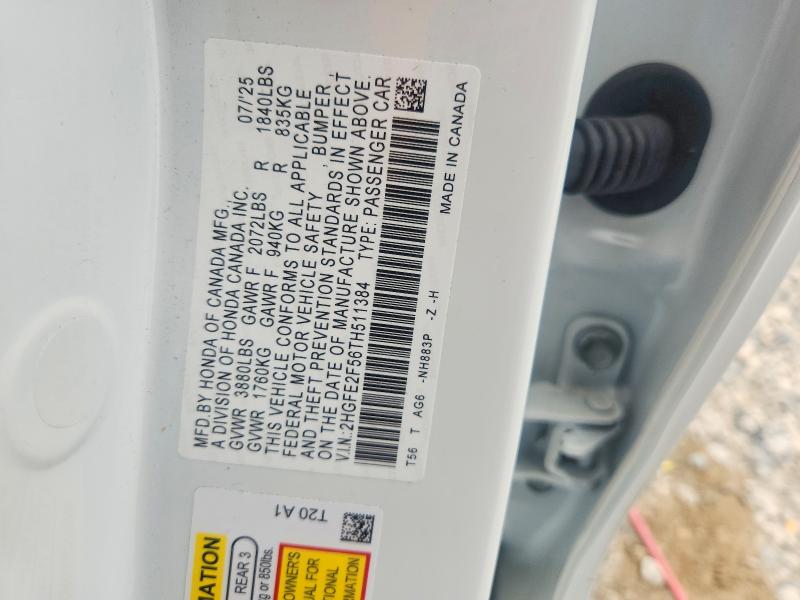 2026 Honda Civic მანქანა იყიდება აუქციონზე, vin: 2HGFE2F56TH511384, აუქციონის ნომერი: 49972036