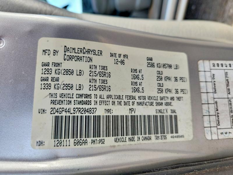2007 Dodge Grand Caravan მანქანა იყიდება აუქციონზე, vin: 2D4GP44L97R204837, აუქციონის ნომერი: 50502276