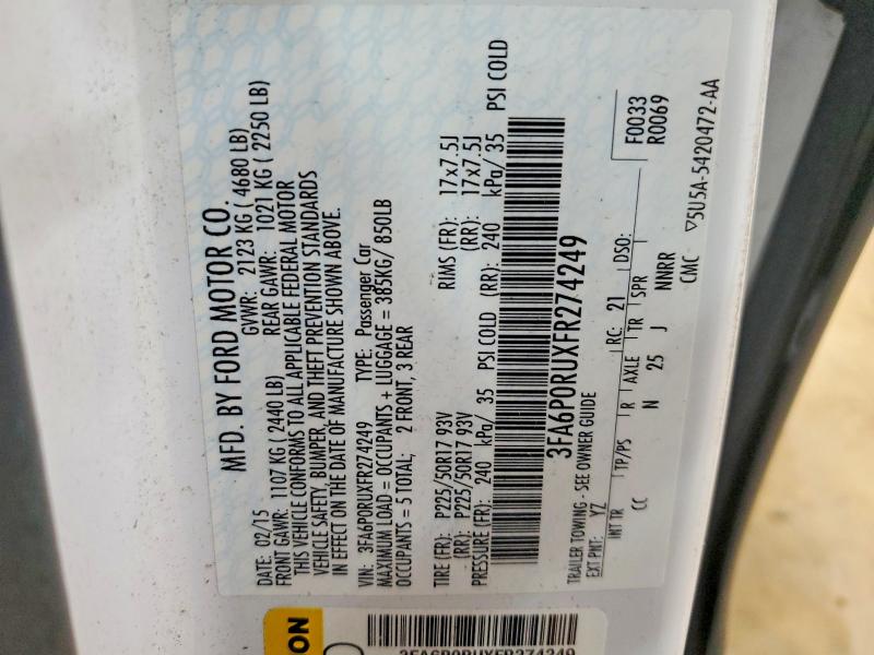 Auction sale of the 2015 Ford Fusion, vin: 3FA6P0RUXFR274249, lot number: 50023766