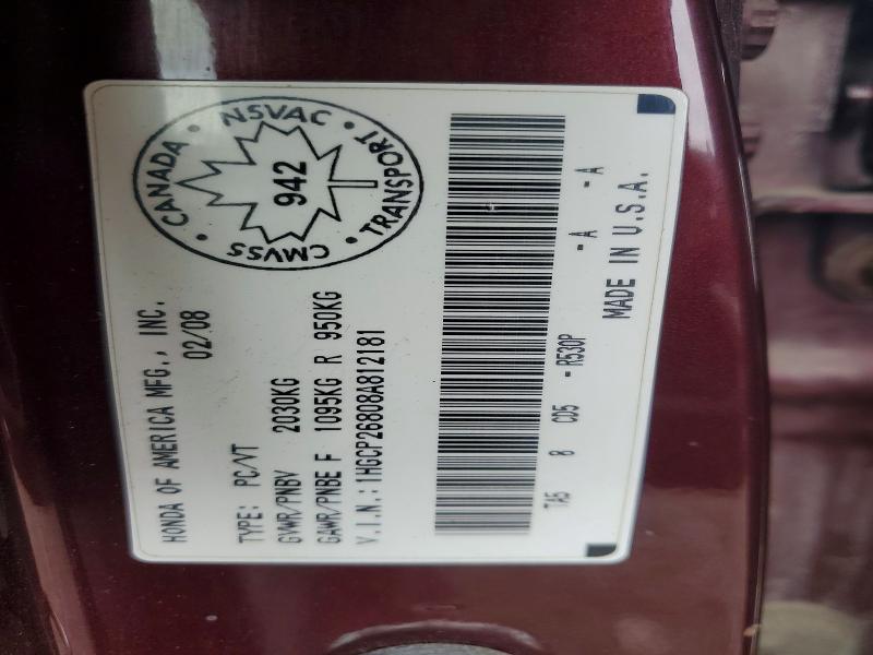 49076586 :رقم المزاد ، 1HGCP26808A812181 vin ، 2008 Honda Accord مزاد بيع