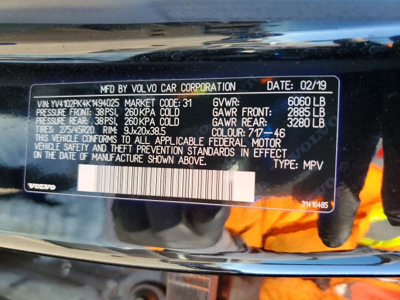51378656 :رقم المزاد ، YV4102PK4K1494025 vin ، 2019 Volvo Xc90 مزاد بيع