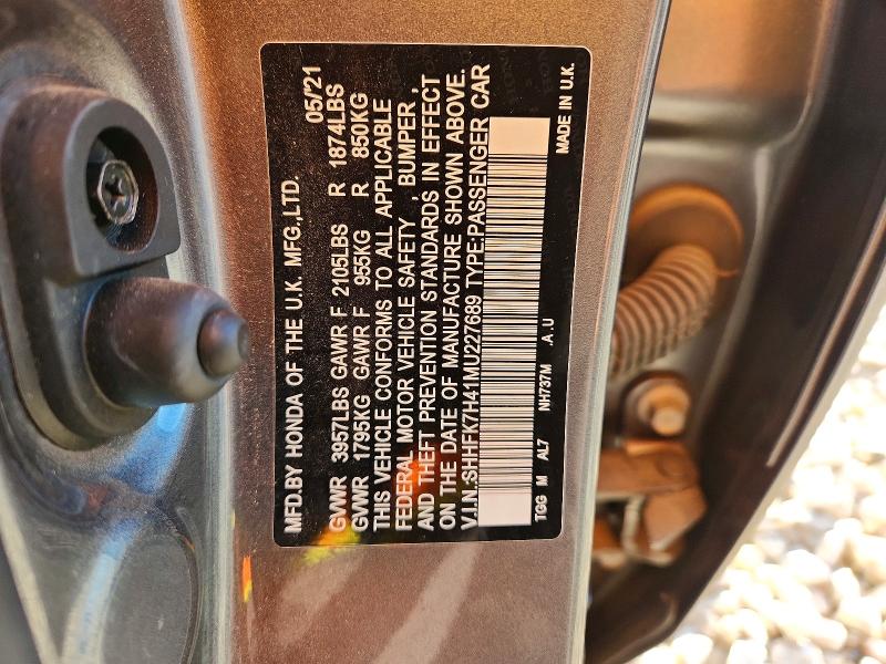 2021 Honda Civic მანქანა იყიდება აუქციონზე, vin: SHHFK7H41MU227689, აუქციონის ნომერი: 48916986