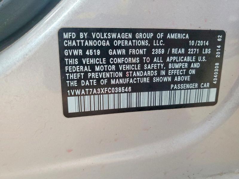 50154576 :رقم المزاد ، 1VWAT7A3XFC038546 vin ، 2015 Volkswagen Passat مزاد بيع