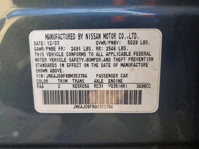 51423956 :رقم المزاد ، JNKAJ09F98M353784 vin ، 2008 Infiniti Ex35 مزاد بيع