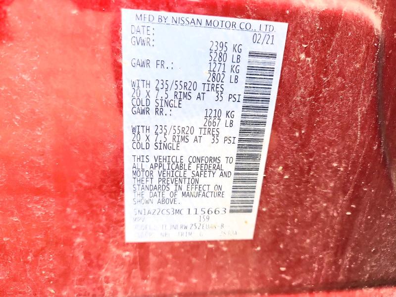 2021 Nissan Murano მანქანა იყიდება აუქციონზე, vin: 5N1AZ2CS3MC115663, აუქციონის ნომერი: 51163986