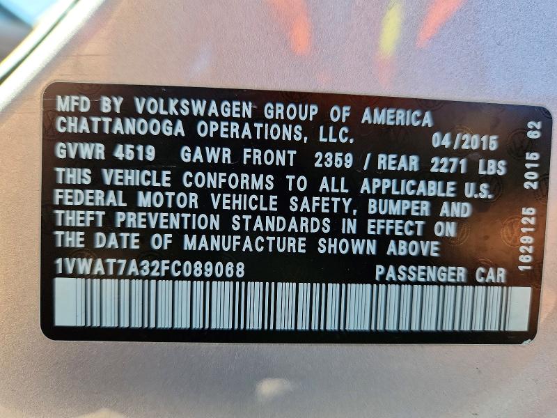 2015 Volkswagen Passat მანქანა იყიდება აუქციონზე, vin: 1VWAT7A32FC089068, აუქციონის ნომერი: 48653446