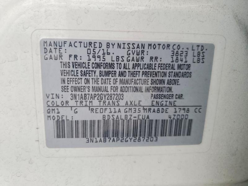Aukcja sprzedaży 2016 Nissan Sentra, vin: 3N1AB7AP2GY287203, numer aukcji: 51029316
