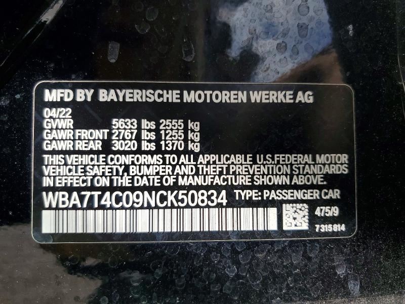 Продажа на аукционе авто 2022 Bmw 740, vin: WBA7T4C09NCK50834, номер лота: 51292496