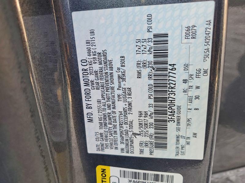 2015 Ford Fusion მანქანა იყიდება აუქციონზე, vin: 3FA6P0H73FR277764, აუქციონის ნომერი: 50951406