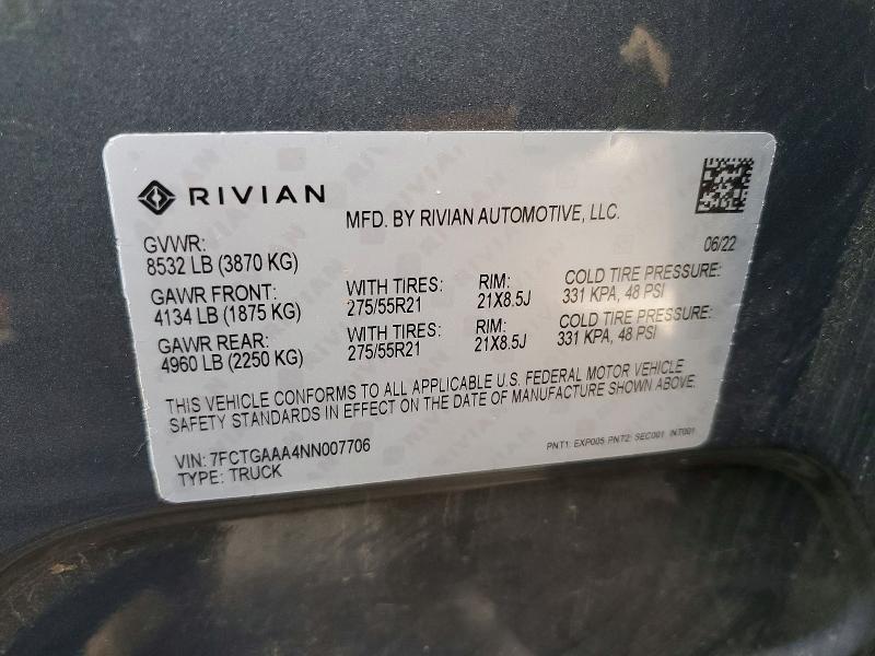 50673476 :رقم المزاد ، 7FCTGAAA4NN007706 vin ، 2022 Rivian R1t مزاد بيع