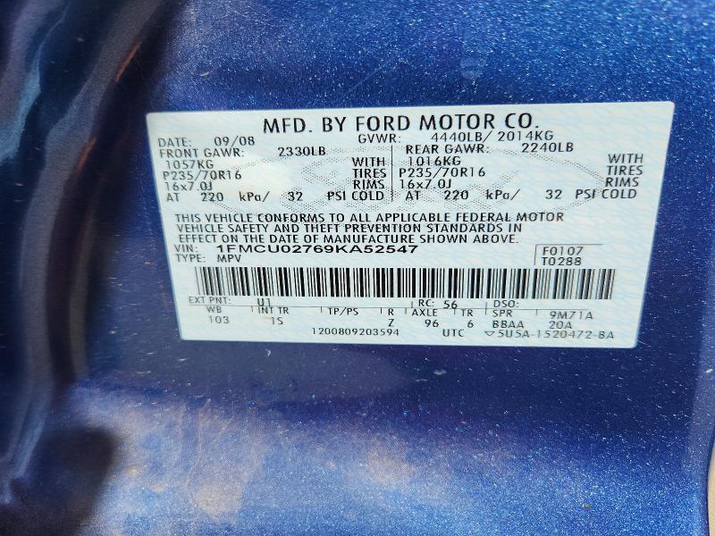 49155046 :رقم المزاد ، 1FMCU02769KA52547 vin ، 2009 Ford Escape مزاد بيع