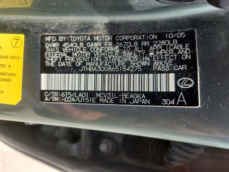 2006 Lexus Es მანქანა იყიდება აუქციონზე, vin: JTHBA30G865154275, აუქციონის ნომერი: 51253276