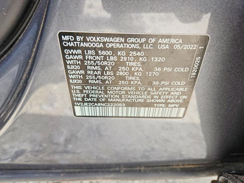 52033326 :رقم المزاد ، 1V2JE2CA8NC222053 vin ، 2022 Volkswagen Atlas Cross Sport مزاد بيع