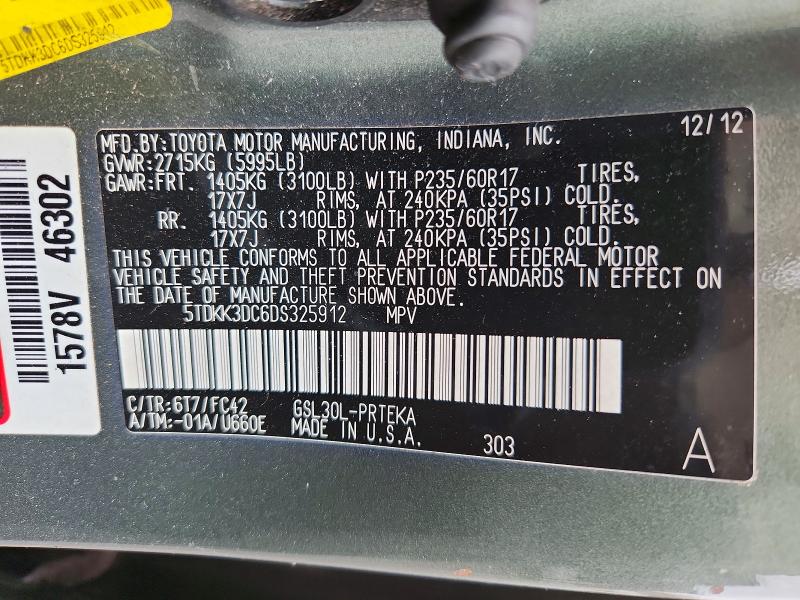 2013 Toyota Sienna მანქანა იყიდება აუქციონზე, vin: 5TDKK3DC6DS325912, აუქციონის ნომერი: 47442326