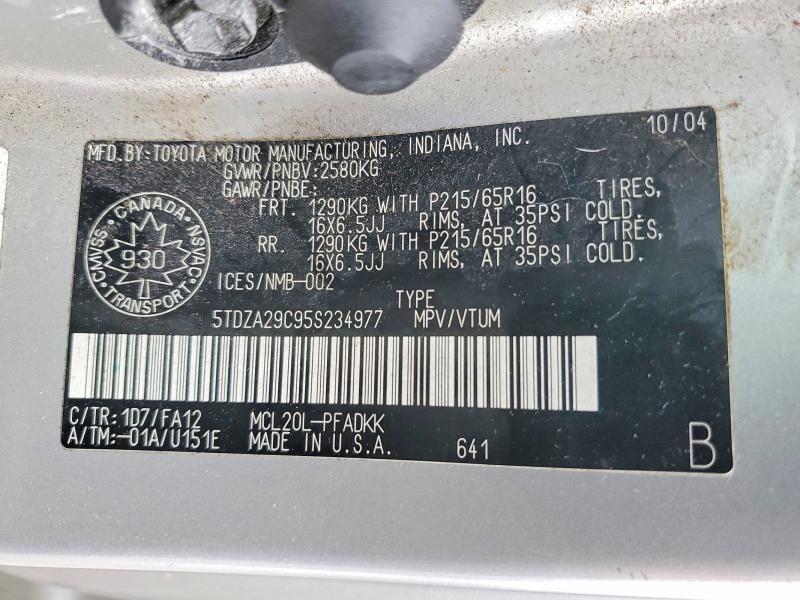 Aukcja sprzedaży 2005 Toyota Sienna, vin: 5TDZA29C95S234977, numer aukcji: 51454976
