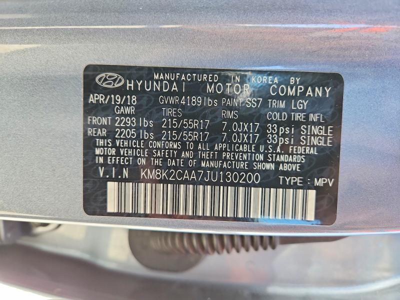 Продаж на аукціоні авто 2018 Hyundai Kona, vin: KM8K2CAA7JU130200, номер лоту: 49747996